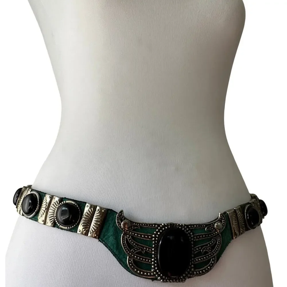 Vintage ‘90s Leatherock Green Leather Belt w/ Black Stone & Silver Detail